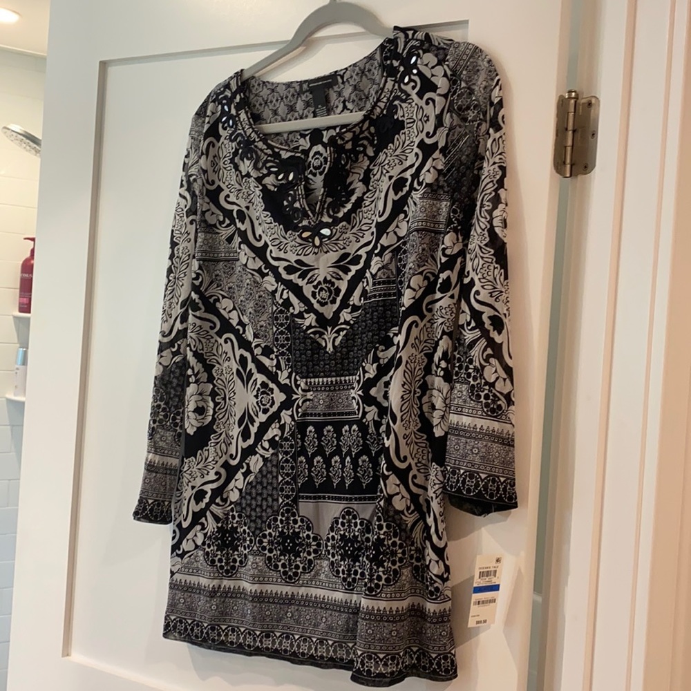 INC paisley and floral black and white tunic